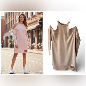 NWT - Rose Pink Distressed Cold Shoulder Dress